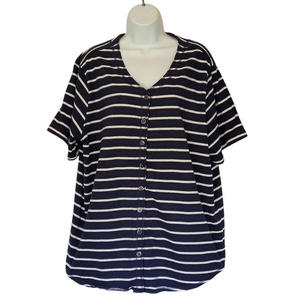 Essentials by Maggie Knit Top Womens 26/28W Full Button Short Sleeve V-Neck Blue